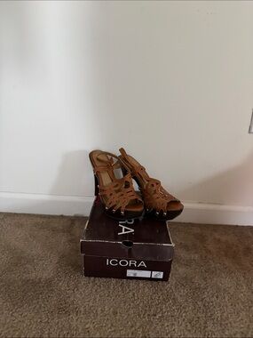 ICORA Tan Laser-Cut High Heel Sandals with Ankle Strap